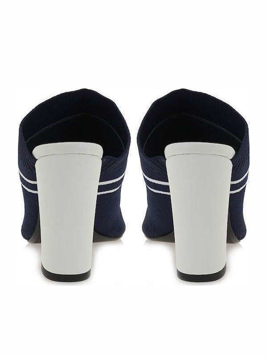 Leather Mules with Chunky High Heel in Navy Blue Color