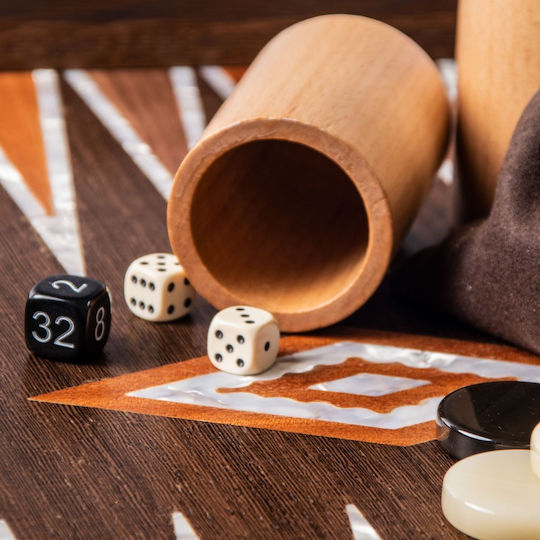 Manopoulos Natural Burl with Pearl Elements Handgefertigt Backgammon Holz mit Spielsteinen 48x48cm
