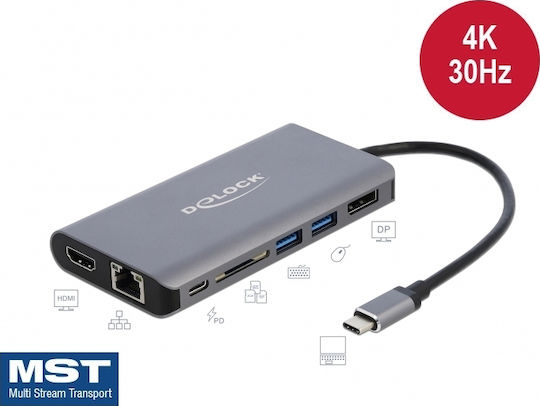DeLock USB-C Docking Station με HDMI/DisplayPort 4K PD Ethernet και συνδεση 2 Οθονών Ασημί (87683)
