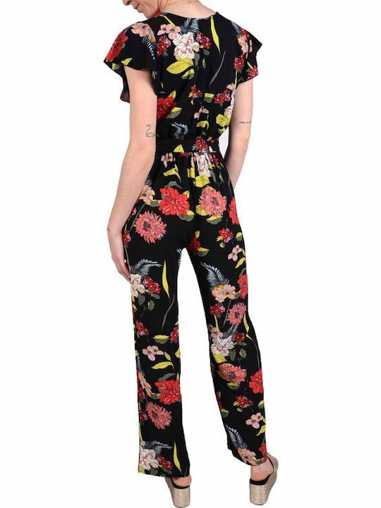 Women's Short-sleeved One-piece Suit Black Floral