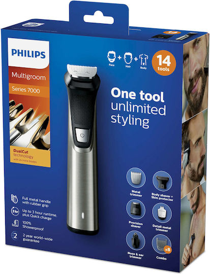 Philips Multigroom Series 7000 Σετ Επαναφορτιζόμενης Κουρευτικής Μηχανής Silver/Black MG7745/15