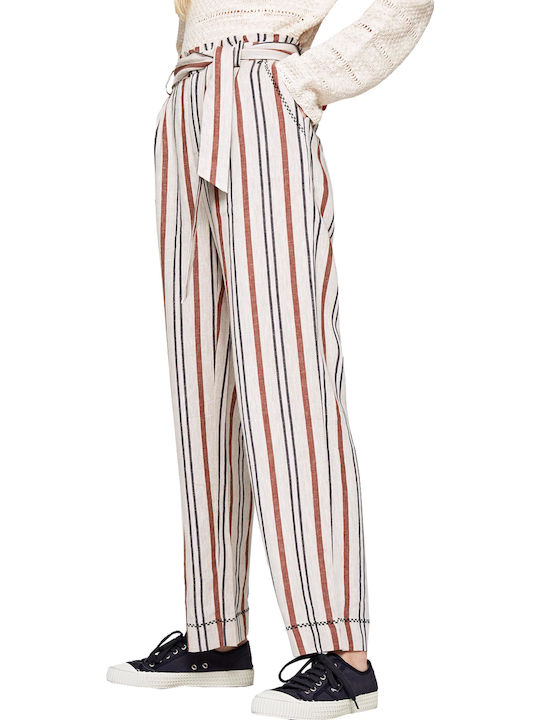 Pepe Jeans Linette Women's High Waist Linen Trousers in Paperbag Fit Striped Beige