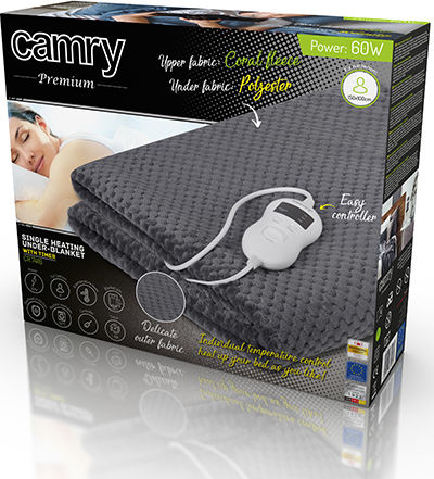 Camry CR 7416 Pătură electrică simplă Lavabilă cu temporizator Gri 60W 100cmx150cm