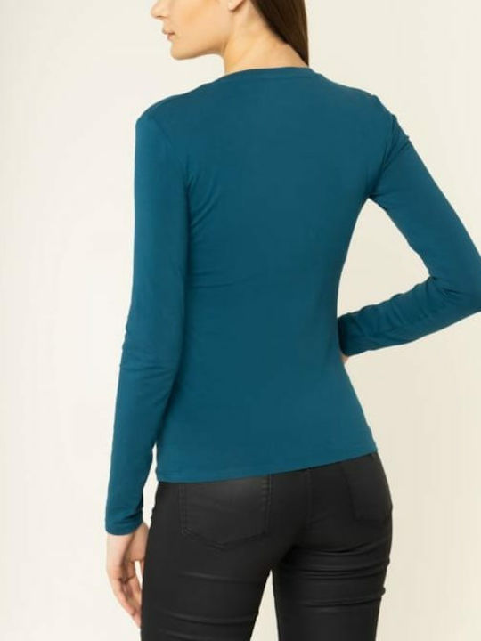 Guess Women's Blouse Cotton Long Sleeve with V Neckline Blue