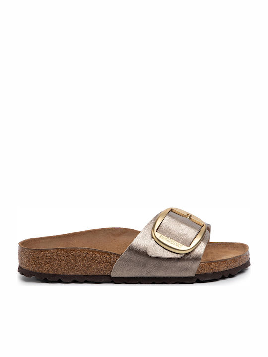 Madrid Big Buckle Birko-Flor Flache Sandalen für Damen Gold Schmale Passform