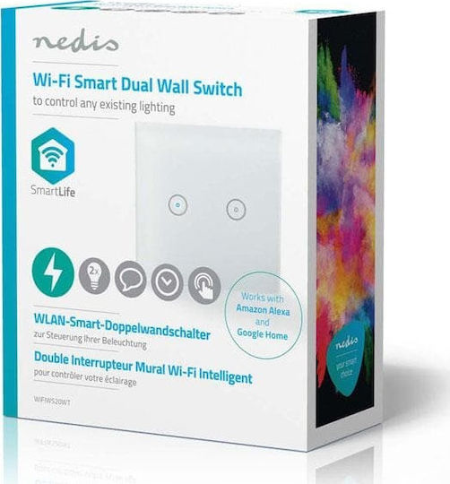 Nedis WiFi Smart Light Switch Dual Vertieft Berührungswandschalter Wi-Fi Beleuchtung Zwei-Wege mit Rahmen Weiß