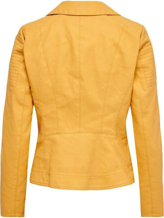 Women's Short Biker Artificial Leather Jacket for Winter Golden Apricot