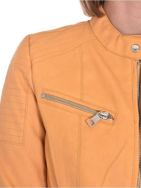 Women's Short Biker Artificial Leather Jacket for Winter Yellow