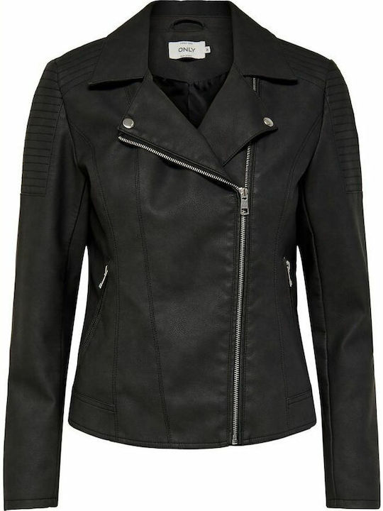 Women's Short Biker Artificial Leather Jacket for Winter Black