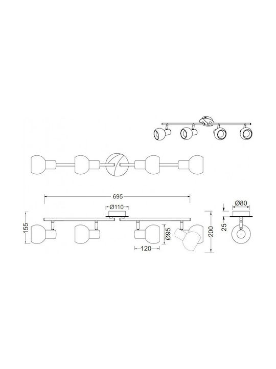 Trio Lighting Antibes Σποτ με 4 Φώτα και με Ντουί E14 σε Ασημί Χρώμα