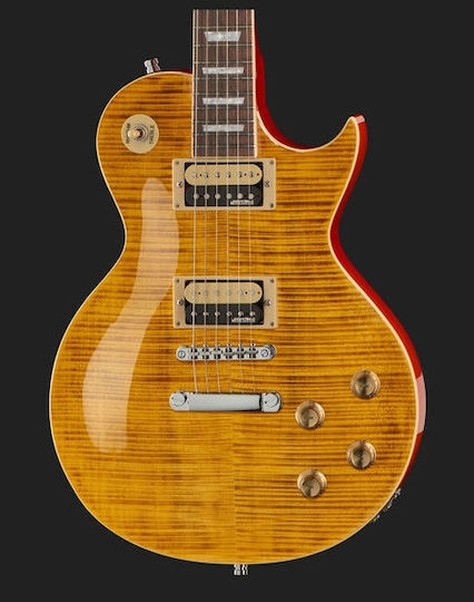 Vintage V100AFD ReIssued Electric Guitar Single cut with HH Pickup Configuration Paradise Flamed Amber