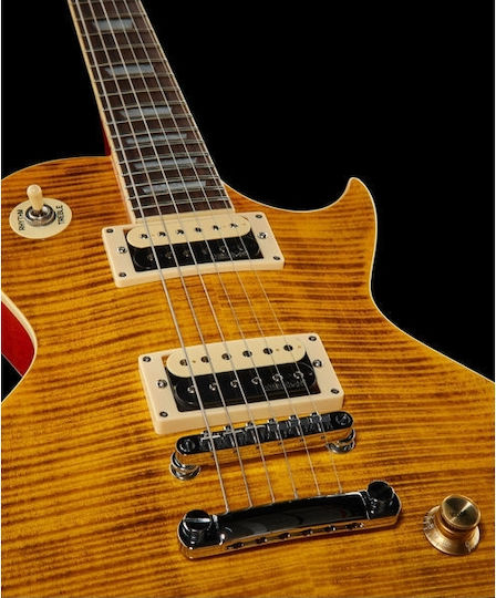 Vintage V100AFD ReIssued Electric Guitar Single cut with HH Pickup Configuration Paradise Flamed Amber