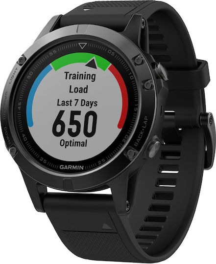 Garmin Fenix 5 Stainless Steel 47mm Αδιάβροχο Smartwatch με Παλμογράφο (Black with Black Band)