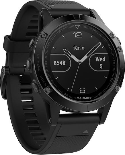 Garmin Fenix 5 Stainless Steel 47mm Αδιάβροχο Smartwatch με Παλμογράφο (Black with Black Band)