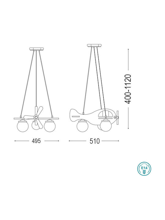 Ideal Lux Kids Wooden Chandelier Ceiling Light E14 Airplane Blue 40W 49.5cm