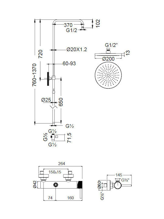 Armando Vicario Industrial Adjustable Shower Column with Bathtub Mixer 83-144cm Silver