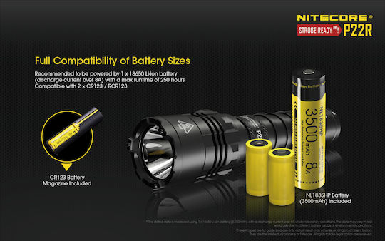 NiteCore Wiederaufladbar Taschenlampe LED IP68 mit maximaler Helligkeit 1800lm P22R 2x CR123 Schwarz