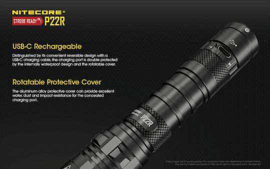 NiteCore Wiederaufladbar Taschenlampe LED IP68 mit maximaler Helligkeit 1800lm P22R 2x CR123 Schwarz