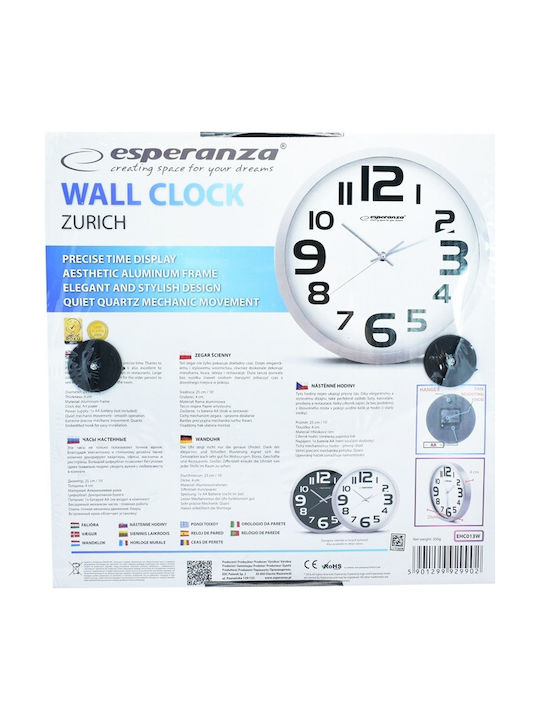 Esperanza Zurich Leise Wanduhr Metallisch Weiß Ø25cm