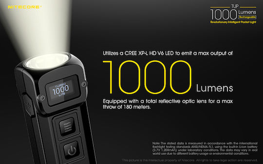 NiteCore Rechargeable Keychain Flashlight LED IP54 with Maximum Brightness 1000lm TUP Embedded Black