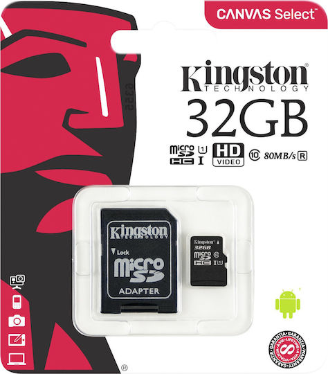 Kingston Canvas Select microSDHC 32GB U1 V10 A1 UHS-I 80MB/s με αντάπτορα