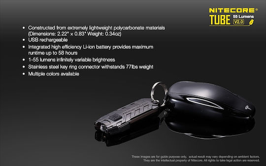 NiteCore Rechargeable Keychain Flashlight LED IP65 with Maximum Brightness 45lm Tube Embedded Black