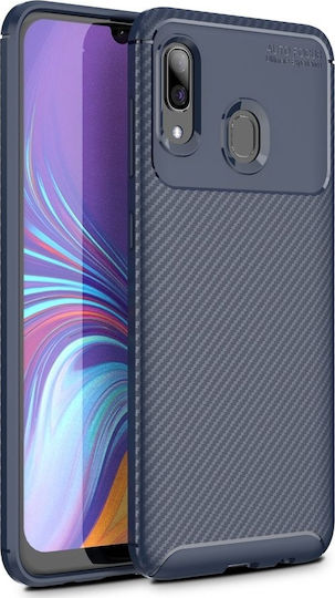 Hurtel Carbon Brushed Umschlag Rückseite Silikon Blau (Galaxy A20e)