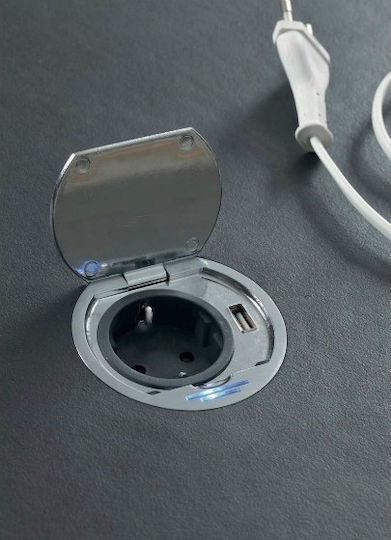 SFL Ring 060437 Μονή Χωνευτή Πρίζα Ρεύματος με 1 Θύρα USB με Καπάκι Ασημί