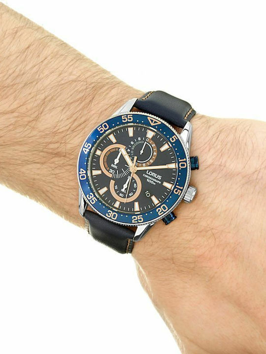 Lorus Ανδρικό Ρολόι 45mm Χρονογράφος Μπαταρίας με Μπλε Δερμάτινο Λουράκι