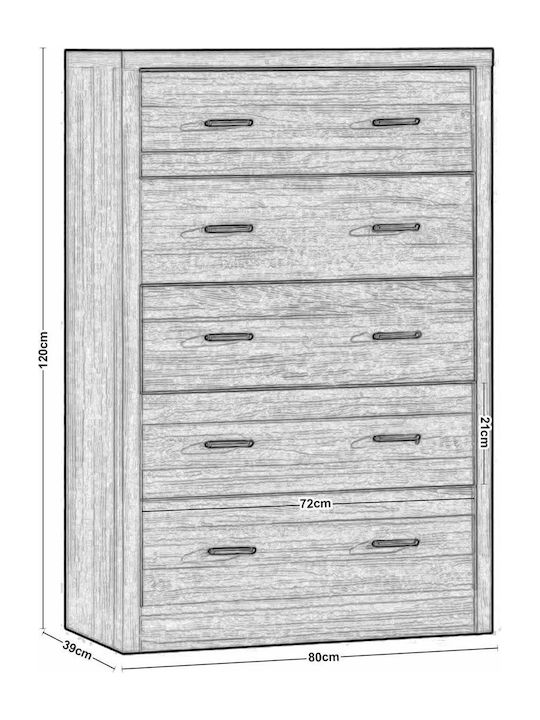 Ξύλινη Συρταριέρα Κρεβατοκάμαρας Caliber με 5 συρτάρια 80x39x120εκ.