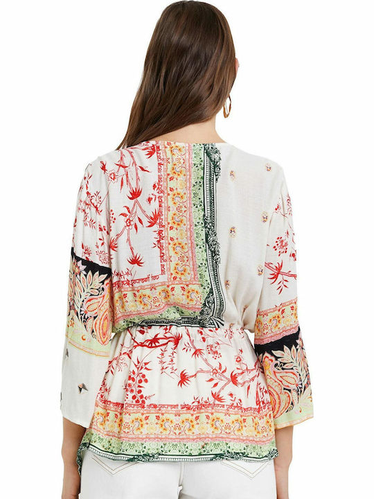 Desigual Summer Tunic Long Sleeve with V Neck Floral Raw