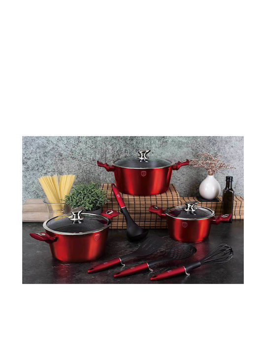 Berlinger Haus Metallic Line Cookware Set of Aluminum with Stone Coating Burgundy Collection 17pcs