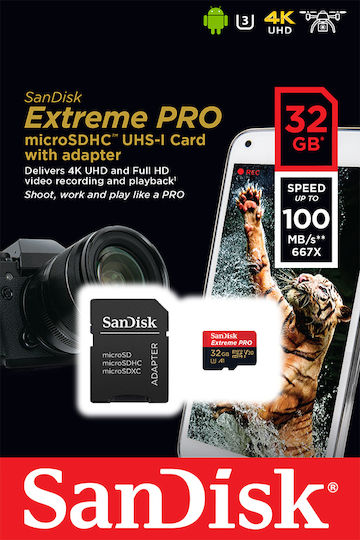 Sandisk Extreme Pro microSDHC 32GB U3 V30 A1 UHS-I 100MB/s Speicherkarten mit Adapter