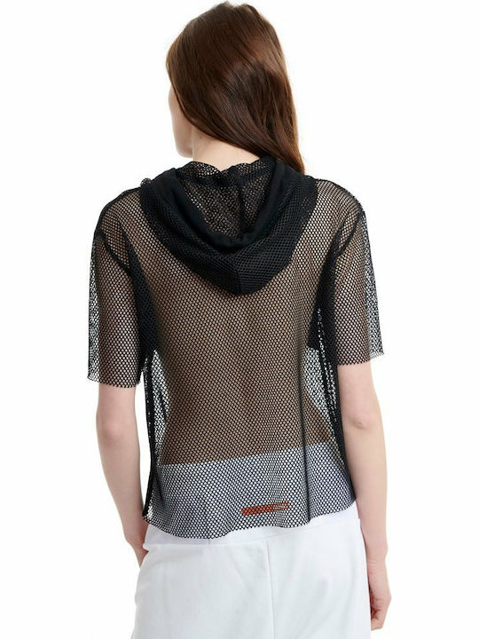BodyTalk Pi 1201-906625 Women's Athletic Blouse Short Sleeve with Hood Black