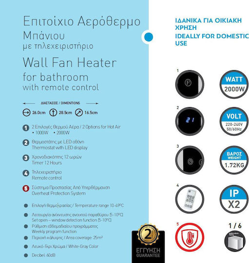 Eurolamp Fan Heater Bathroom Wall 2000W