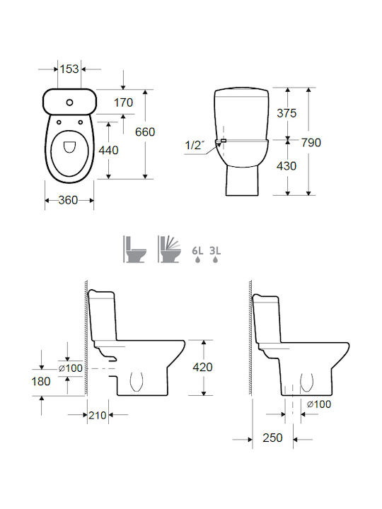Karag Square Stehende Toilette mit Spülung mit Deckel Sanftes Schließen Weiße