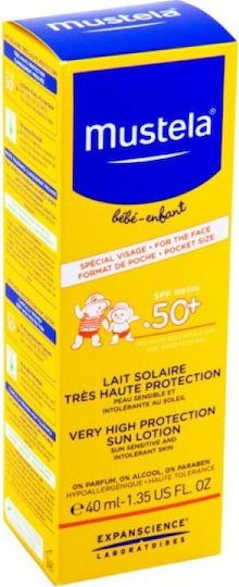 Mustela Bebe-Enfant SPF50+ Αδιάβροχο Βρεφικό Αντηλιακό Γαλάκτωμα για Πρόσωπο 40ml