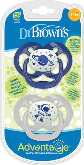 Dr. Brown's Advantage Pacifiers Silicone Night with Case Astronaut - Blue-Grey for 6-18 months 2pcs