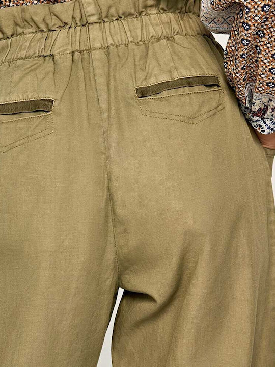 Lia Women's High-waisted Fabric Capri Trousers with Elastic Regular Fit Khaki