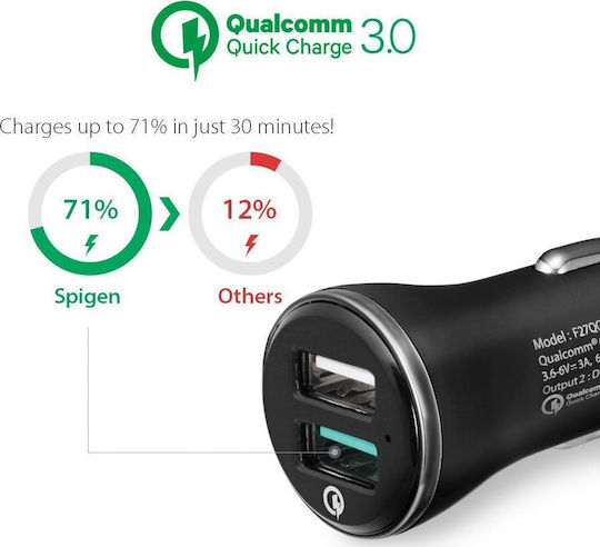 Spigen Φορτιστής Αυτοκινήτου 25W 2.4A Γρήγορης Φόρτισης με Θύρες: 2xUSB Μαύρος