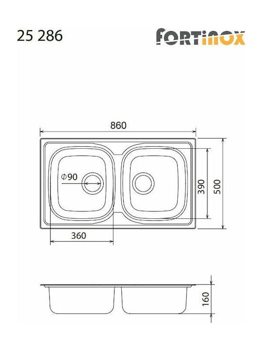 Fortinox Valley 25286 Ένθετος Νεροχύτης Inox Σατινέ Μ86xΠ50cm Ασημί