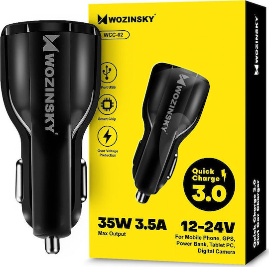 Wozinsky WCC-02 Φορτιστής Αυτοκινήτου 3.1A Γρήγορης Φόρτισης με Θύρες: 2xUSB Μαύρο Χρώμα