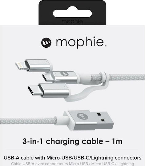 Mophie Braided USB to Lightning / Type-C / micro USB Cable Λευκό 1m (409903219)