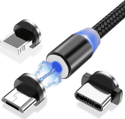 Wozinsky LED / Magnetic USB to Lightning / Type-C / micro USB Cable Μαύρο 1m (WMC-01)