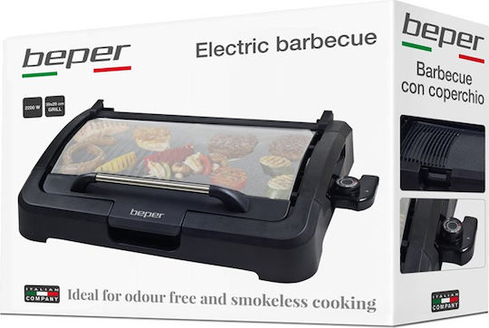 Beper Tabletop Electric Grill Smooth and Ribbed Plate 2200W with Lid and Adjustable Thermostat 39cmx29cmcm