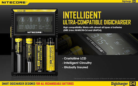 NiteCore D4 Φορτιστής 4 Μπαταριών Ni-MH/Ni-Cd/Li-ion Μεγέθους AA/AAA/18650
