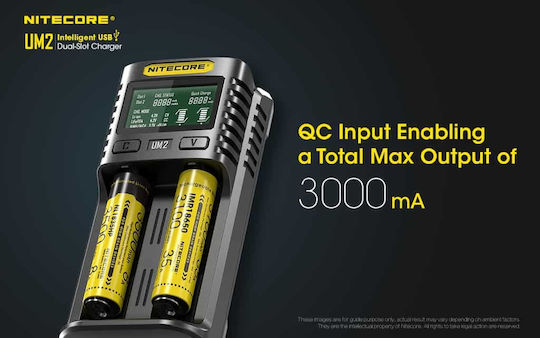 NiteCore UM2 USB Charger 2 Batteries Li-ion/Ni-Cd/Ni-MH Size AA/AAA/D/18650/16340/26650/14500