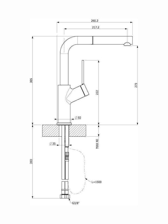 Carron Phoenix Piza 22580 Ψηλή Μπαταρία Κουζίνας Πάγκου με Ντουζ Chrome