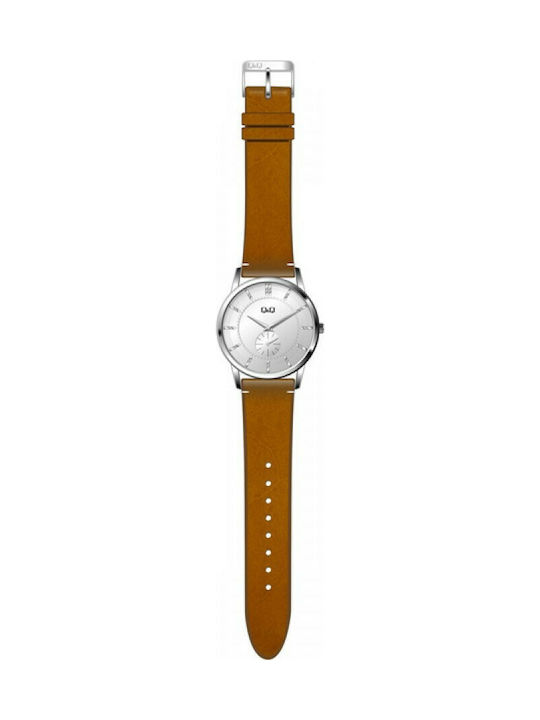 Q&Q Watch Battery with Brown Leather Strap QA60J807