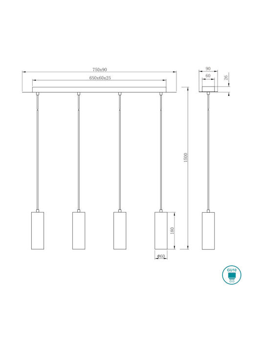 Trio Lighting Marley Pendant Light Silver Rail for 4 Bulbs GU10 75x150cm